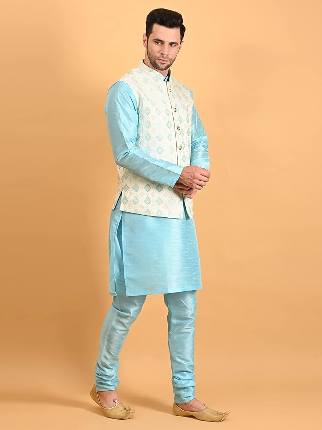 Men's Silk Blend Kurta Pajama with Designer Ethnic Nehru Jacket - Image 5