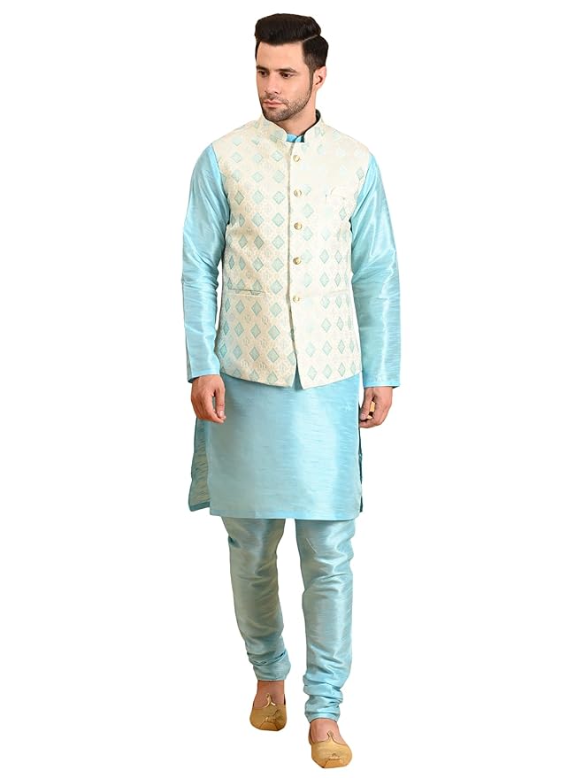 Men's Silk Blend Kurta Pajama with Designer Ethnic Nehru Jacket