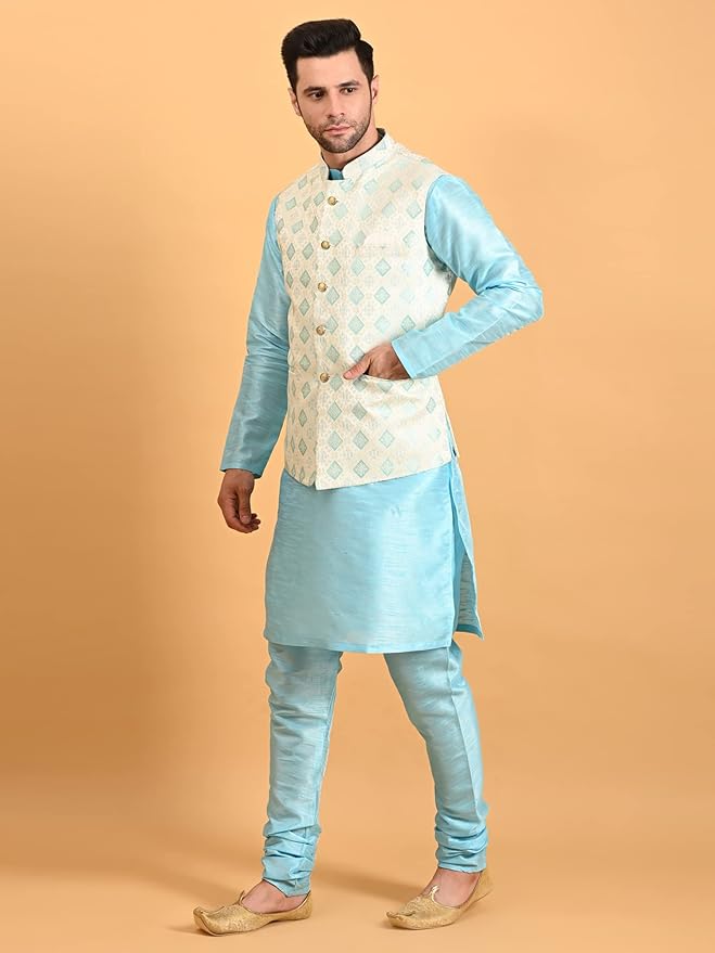 Men's Silk Blend Kurta Pajama with Designer Ethnic Nehru Jacket - Image 2